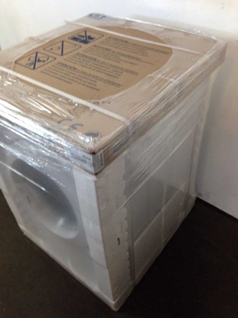 3. Top and side view of new Samsung DV361EWBEWR front load dryer, packaged securely for delivery.