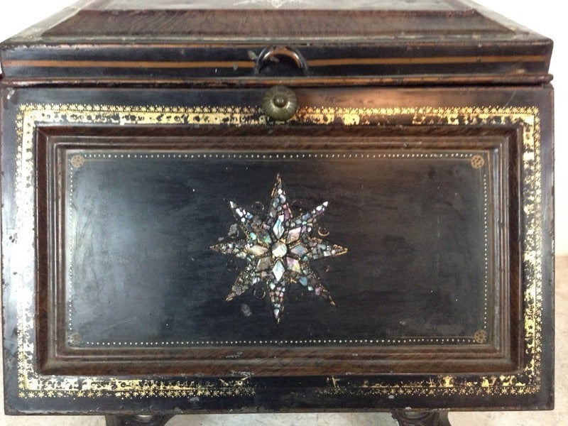 Vintage Carved and Painted Wood and Wrought Metal Hexagon and Rectangle Form Trunk