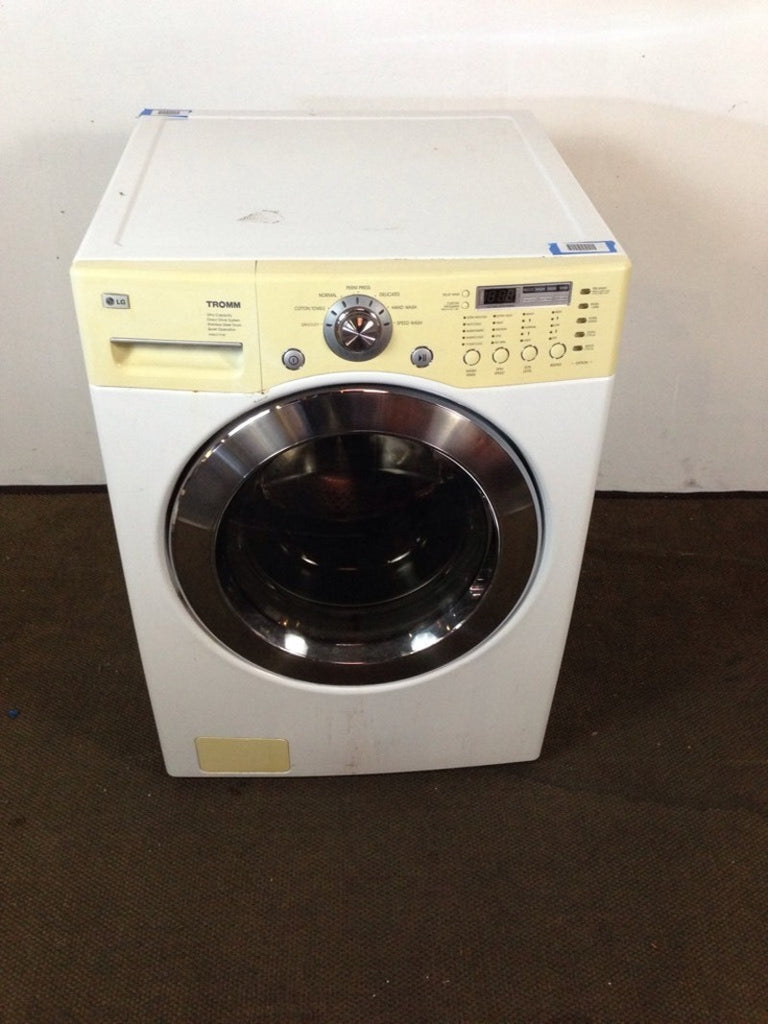 1. Front view of an LG washing machine with a yellow control panel, categorized as Washer/Dryer.