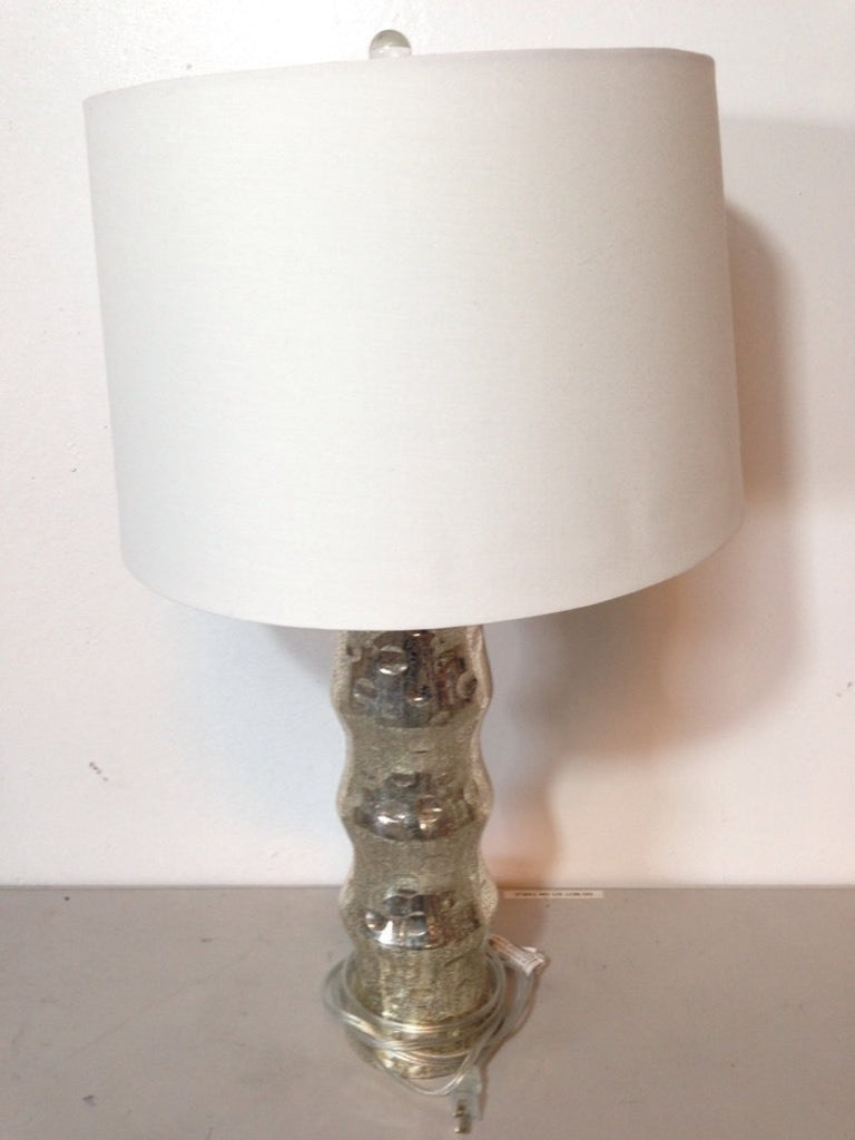 Reperch brand Visual Comfort Lamp featuring a silver base and white drum shade, viewed from the front.  