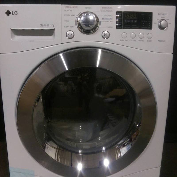 1. Close-up of LG DLEC855W front load dryer controls and door, featuring a modern design in white.