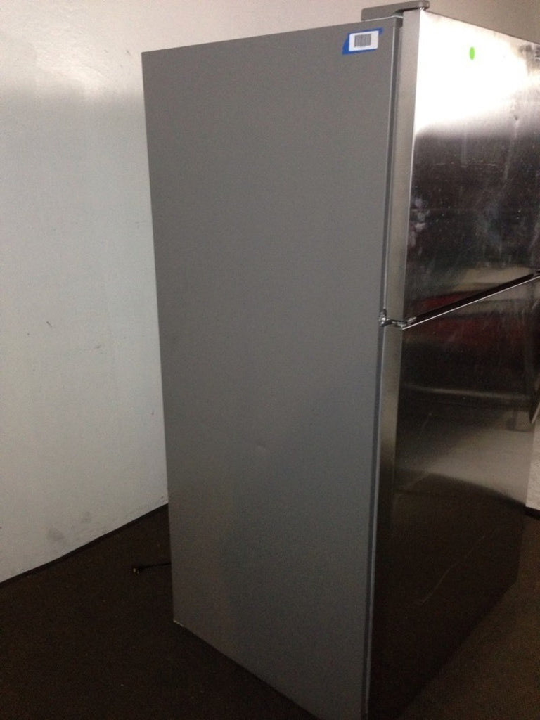 2. Side view of a Kenmore refrigerator, featuring a monochromatic stainless steel finish and standard depth.