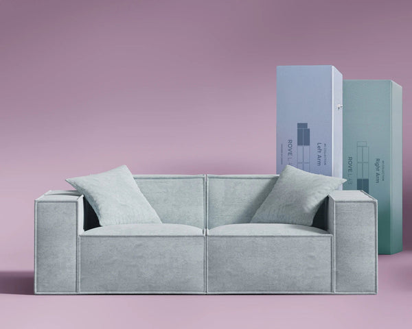 Light blue Rove Lab loveseat with boxy design and two matching pillows, ideal for modern living rooms.