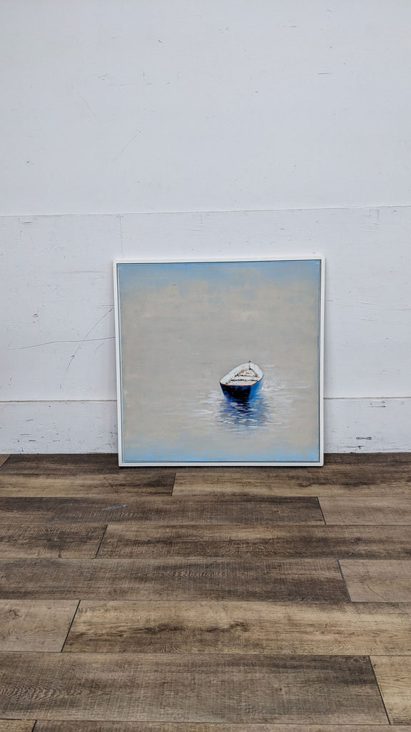 Rowboat painting on square canvas, showing a boat floating on water.