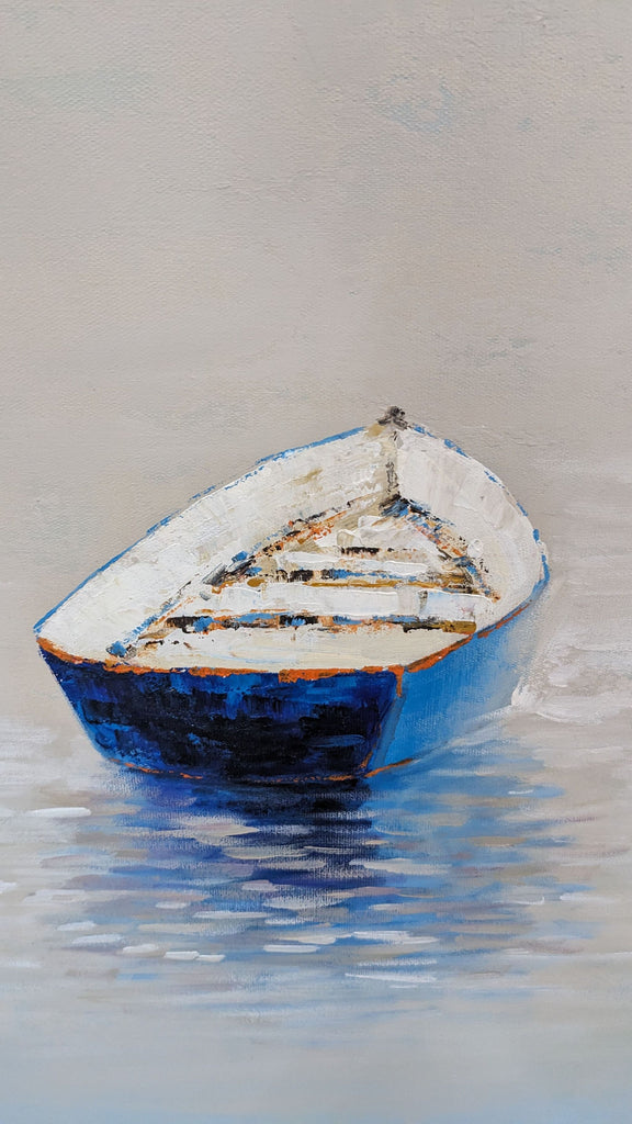 Close-up of a rowboat painting, highlighting brushstrokes on the water.