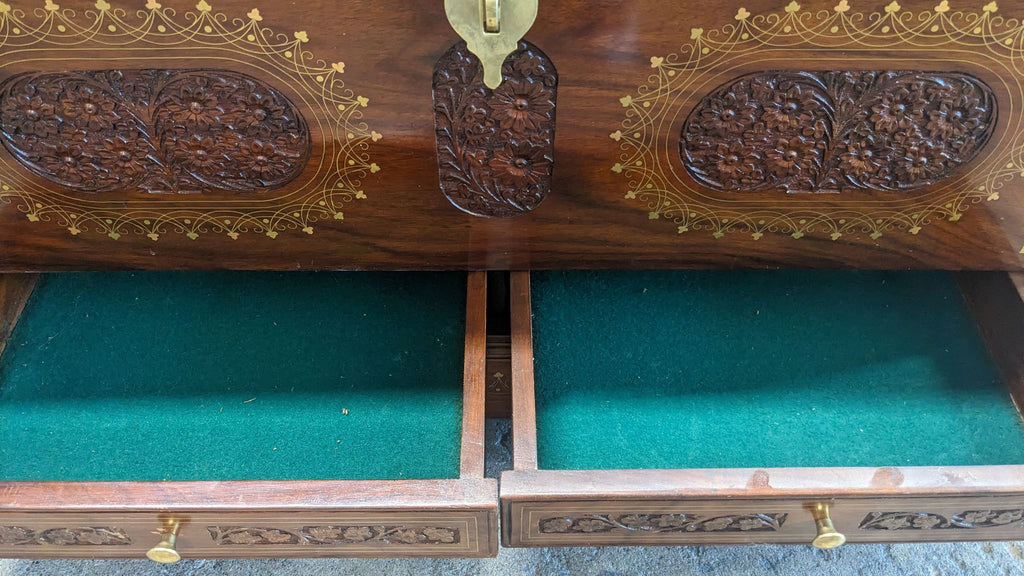 South Asian Carved Trunk with Brass Inlay