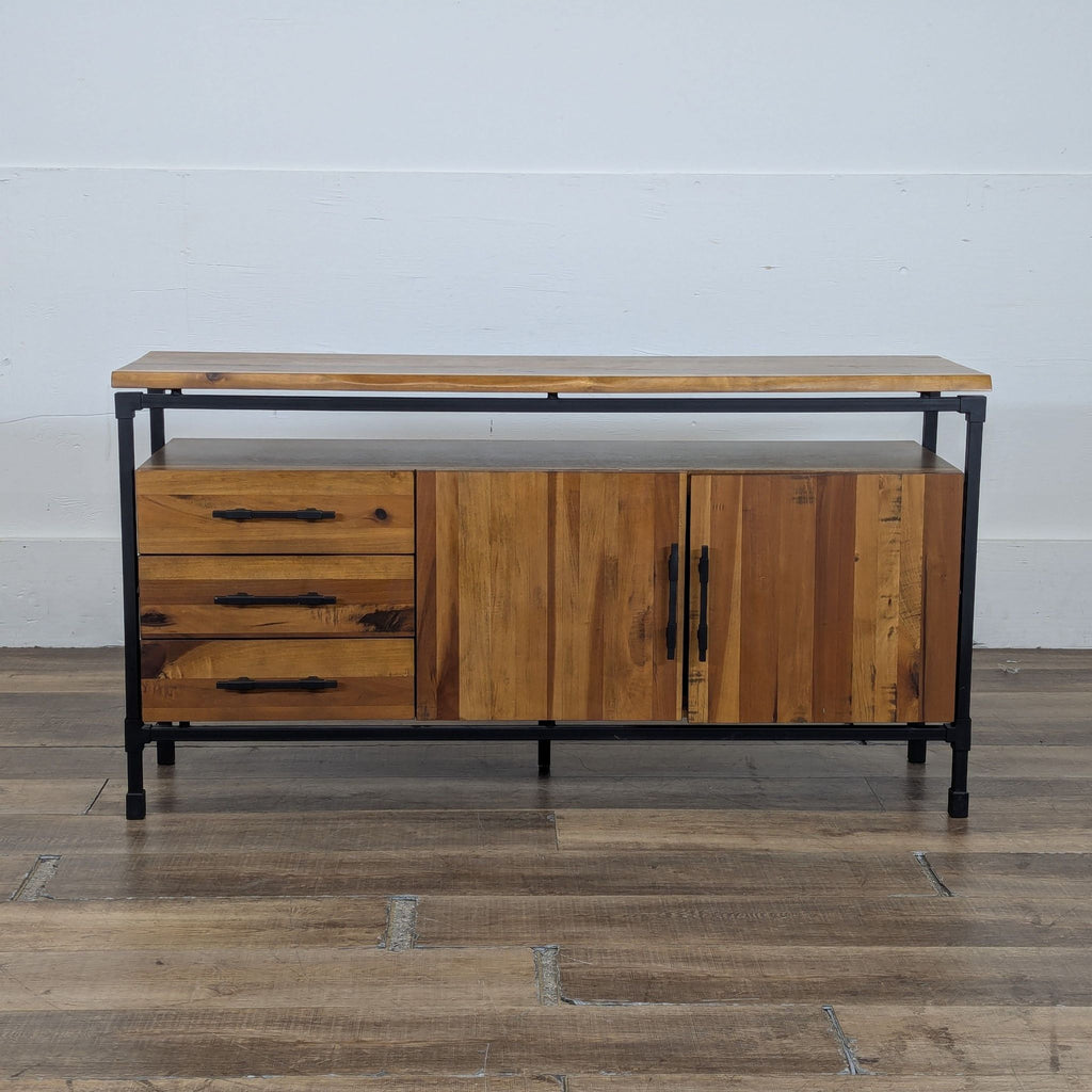 1. Industrial Karsten Sideboard by Scandinavian Designs features a poplar top, three drawers, and double cabinet.  
