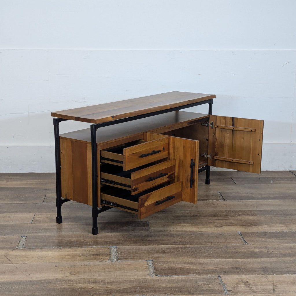 3. Angled view of open Karsten Sideboard highlighting metal frame, drawers, and cabinet for storage.