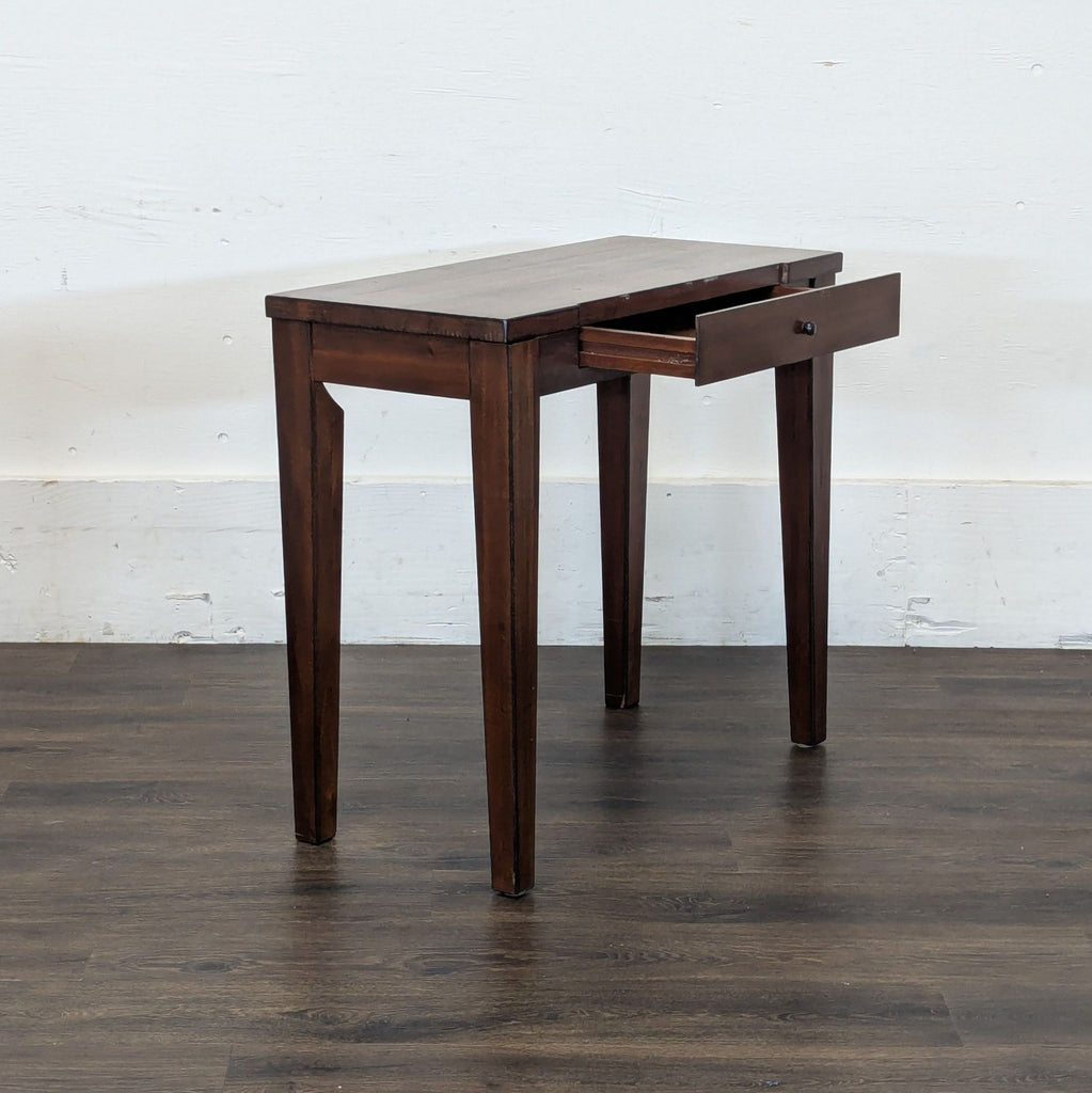 3. Reperch side and console table with the single drawer extended, displaying its functional storage space.
