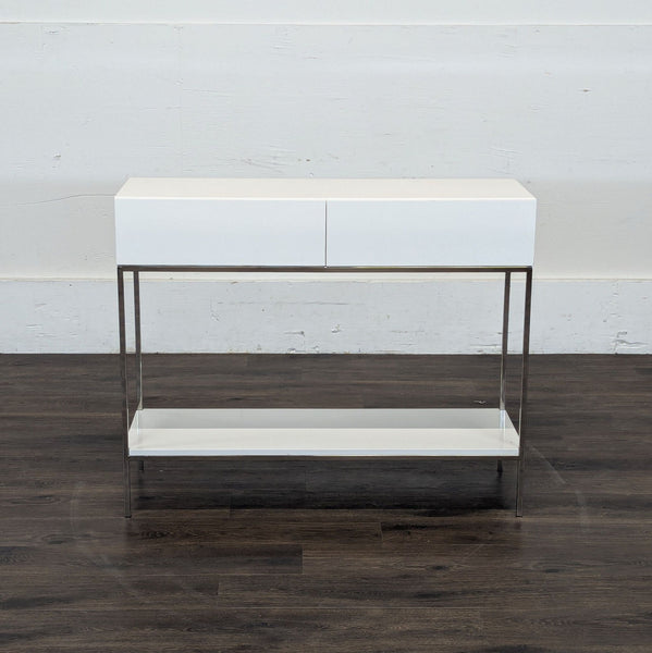 1. Reperch side and console table with a sleek white top, metal frame, and lower shelf on dark wood floor.