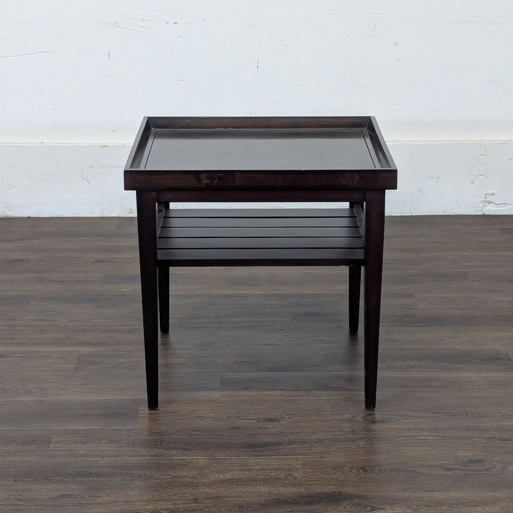 1. Reperch side table with a dark wood finish, features tray-style top and slatted shelf below.