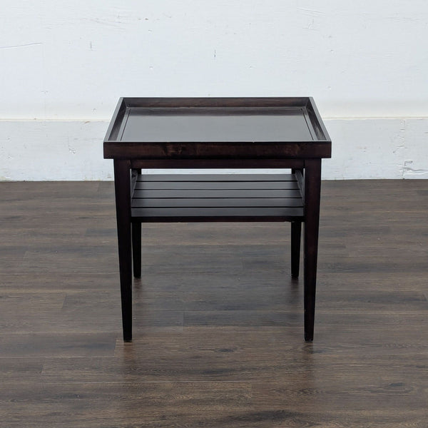 1. Reperch side table with a dark wood finish, features tray-style top and slatted shelf below.