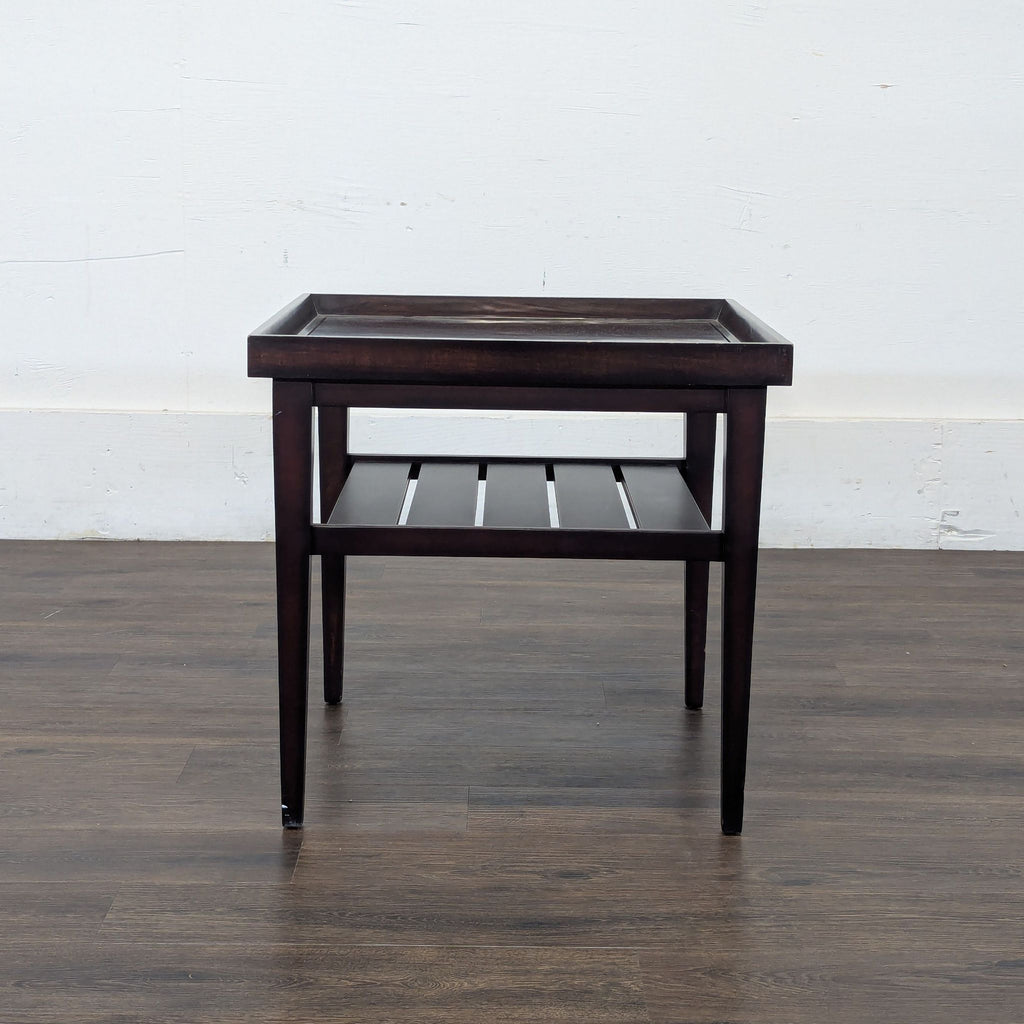 3. Rectangular dark wood Reperch side table, showing slatted under-shelf for extra storage.