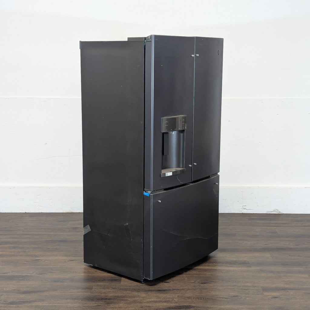 1. Black Reperch refrigerator with water dispenser, seen angled to highlight its modern exterior and sleek finish.