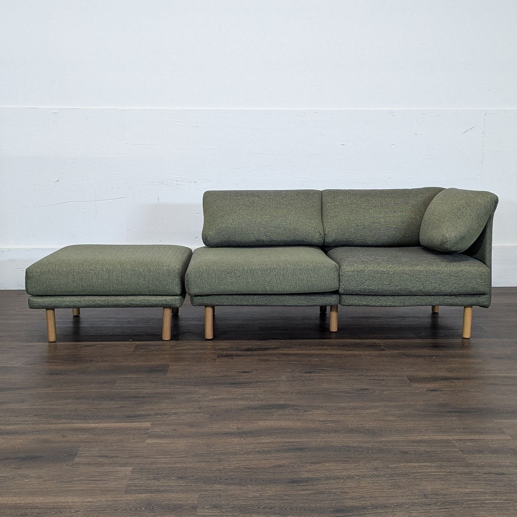 2. Modern Reperch 3-seat olive green sofa with low wooden legs, shown in a straight configuration on wood floor.