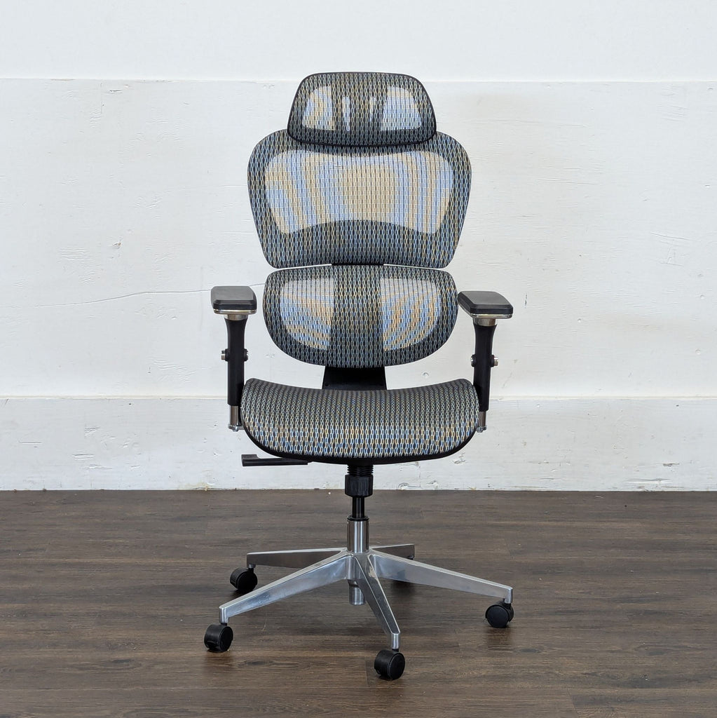 Modern Reperch office chair in gray mesh, featuring segmented backrest, headrest, and adjustable metal base.