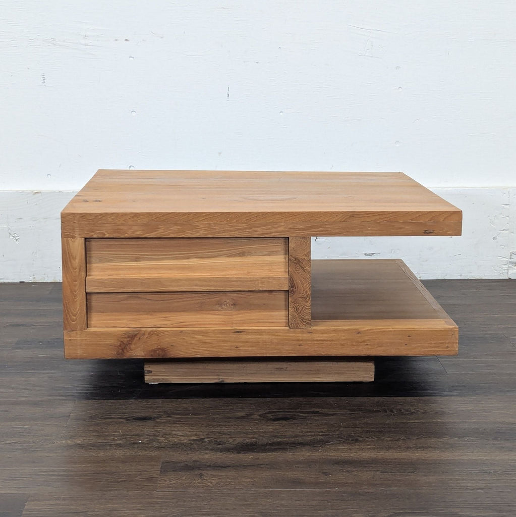 3. Reperch brand coffee table with a unique two-level design in natural wood, suited for modern living rooms.