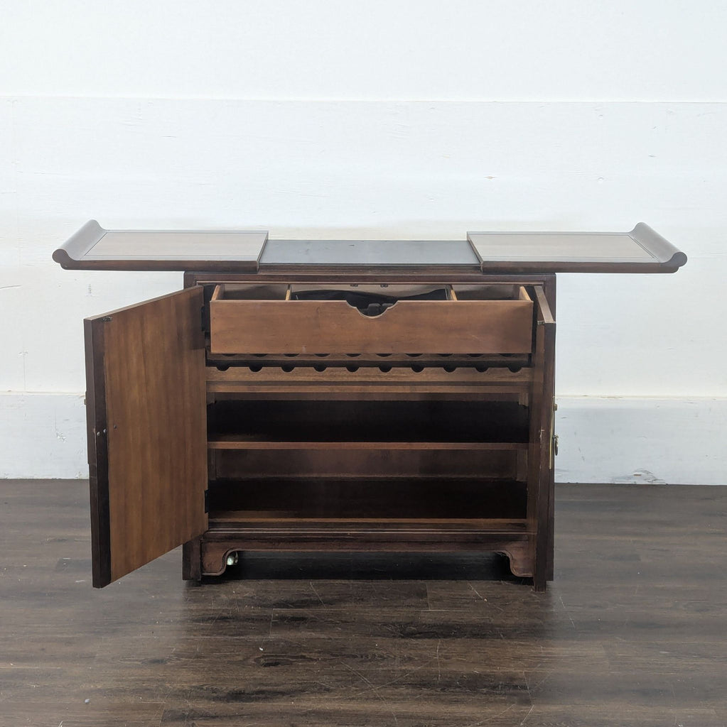 2. Drexel sideboard with open doors, revealing a lined silverware drawer and built-in wine rack.  