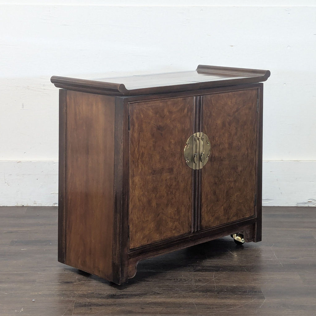 3. Angled view of Drexel sideboard showing burl wood, brass hardware, and traditional credenza style.