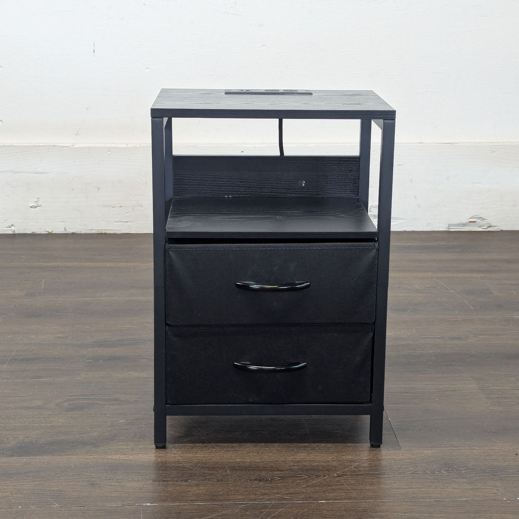 3. Minimalist Yoobure Home end table with two drawers and an open shelf, set against a plain background.