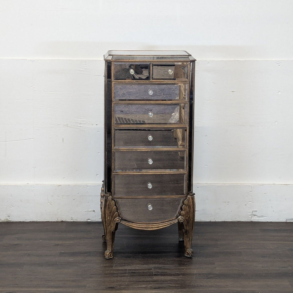 Sleek Bassett Mirror Company dresser with six drawers and modern metallic handles.