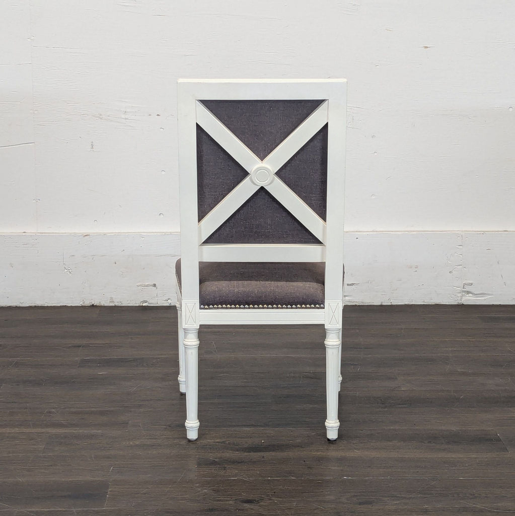 Gray linen white chairs
Back of Jonathan Adler chairs