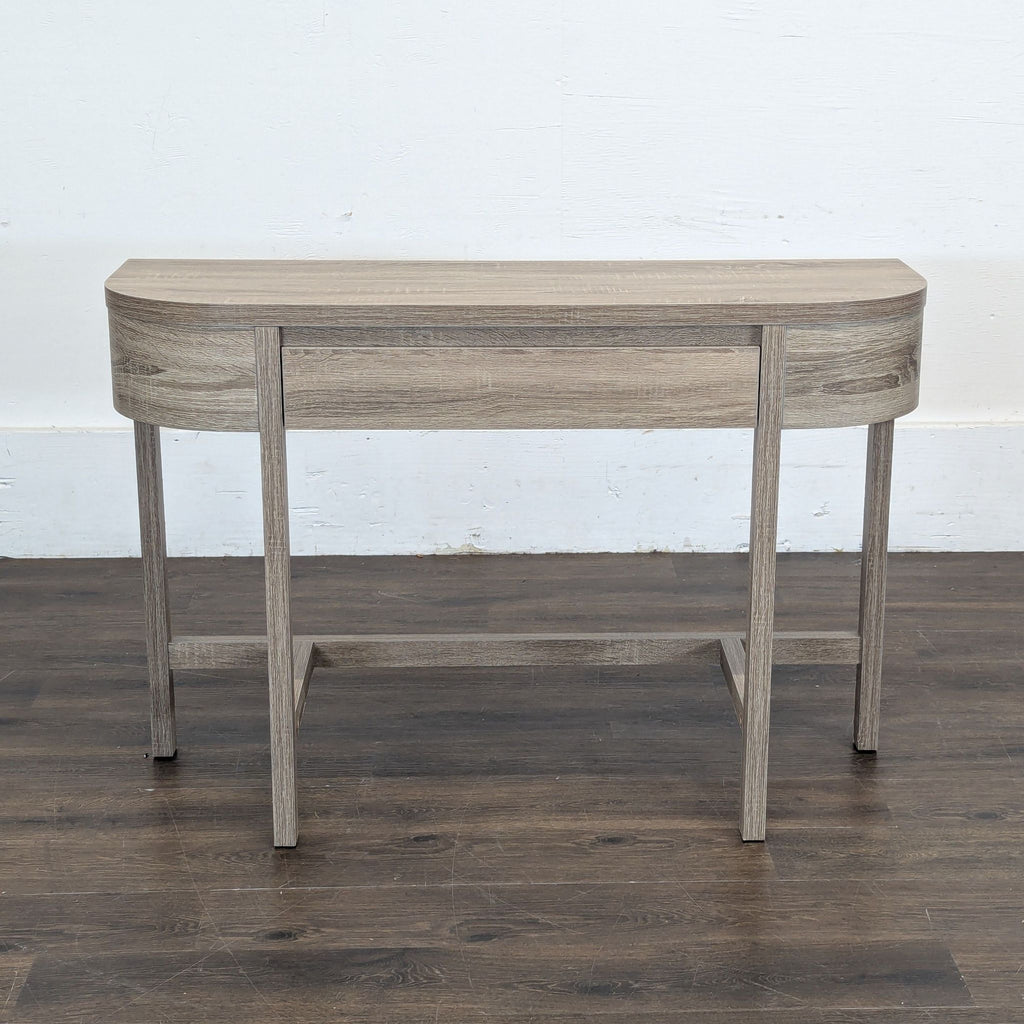 3. Modern wood Side & Console Table with rounded edges and light finish, shown on a dark hardwood floor.