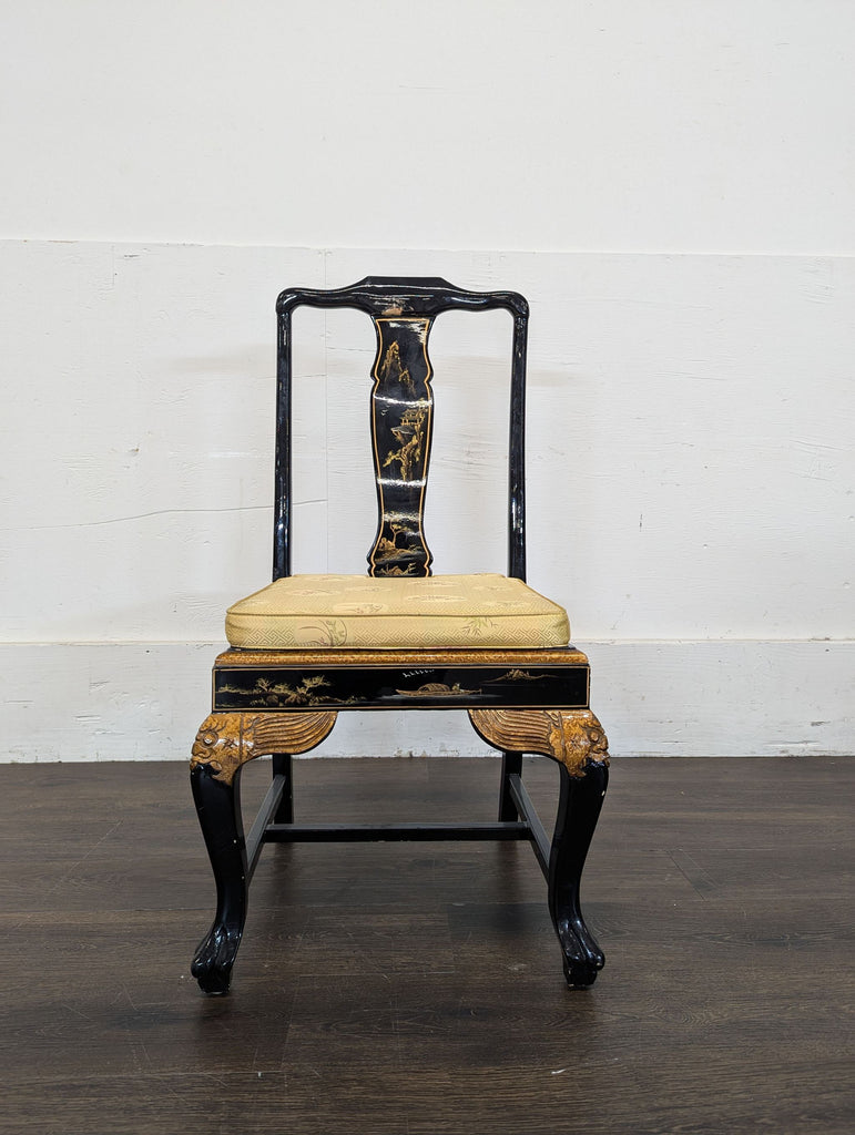 Hand-Painted Chinoiserie Desk and Chair in Black Lacquer
