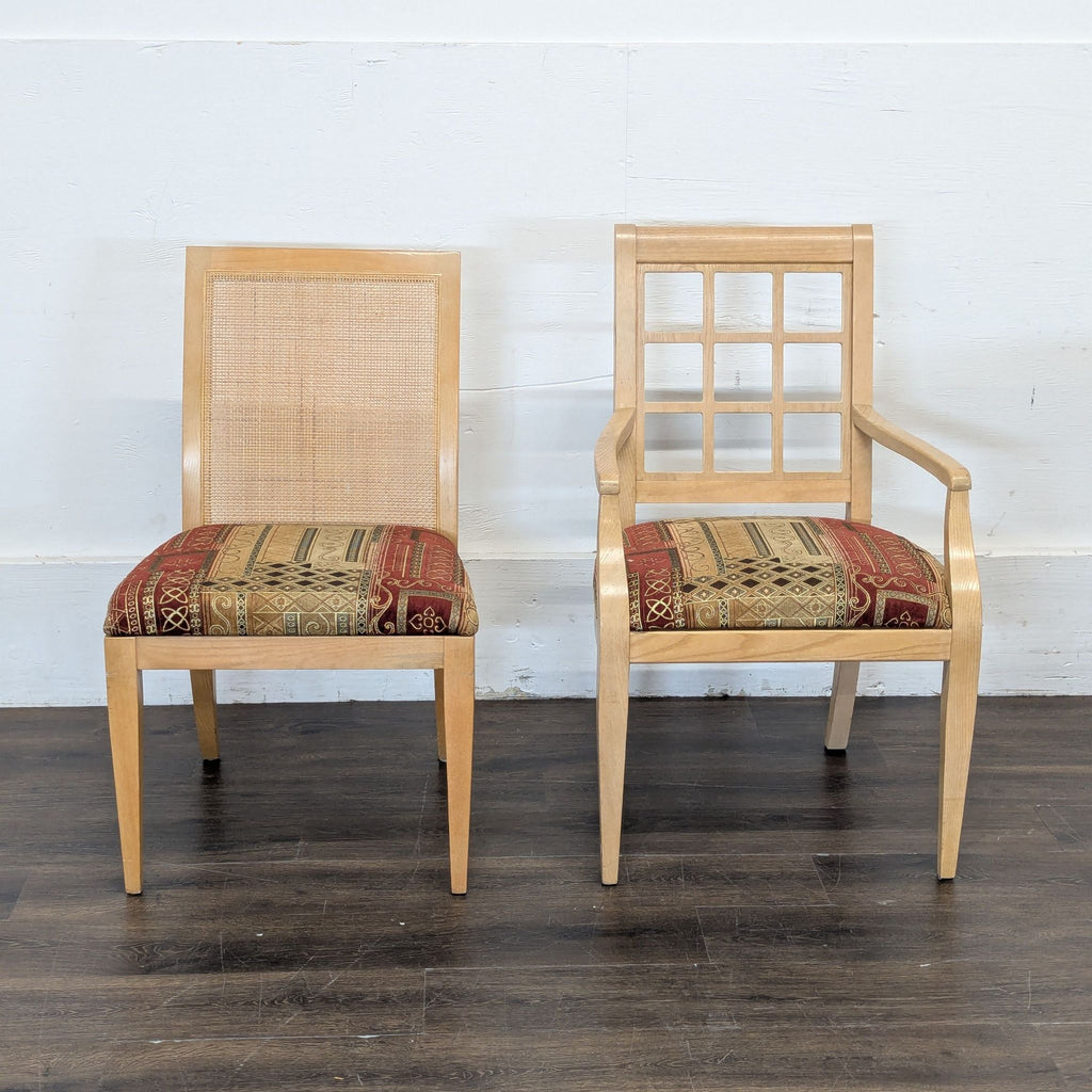 2. Two dining chairs with cane backs, one with arms and grid design, both feature upholstered patterned seats.