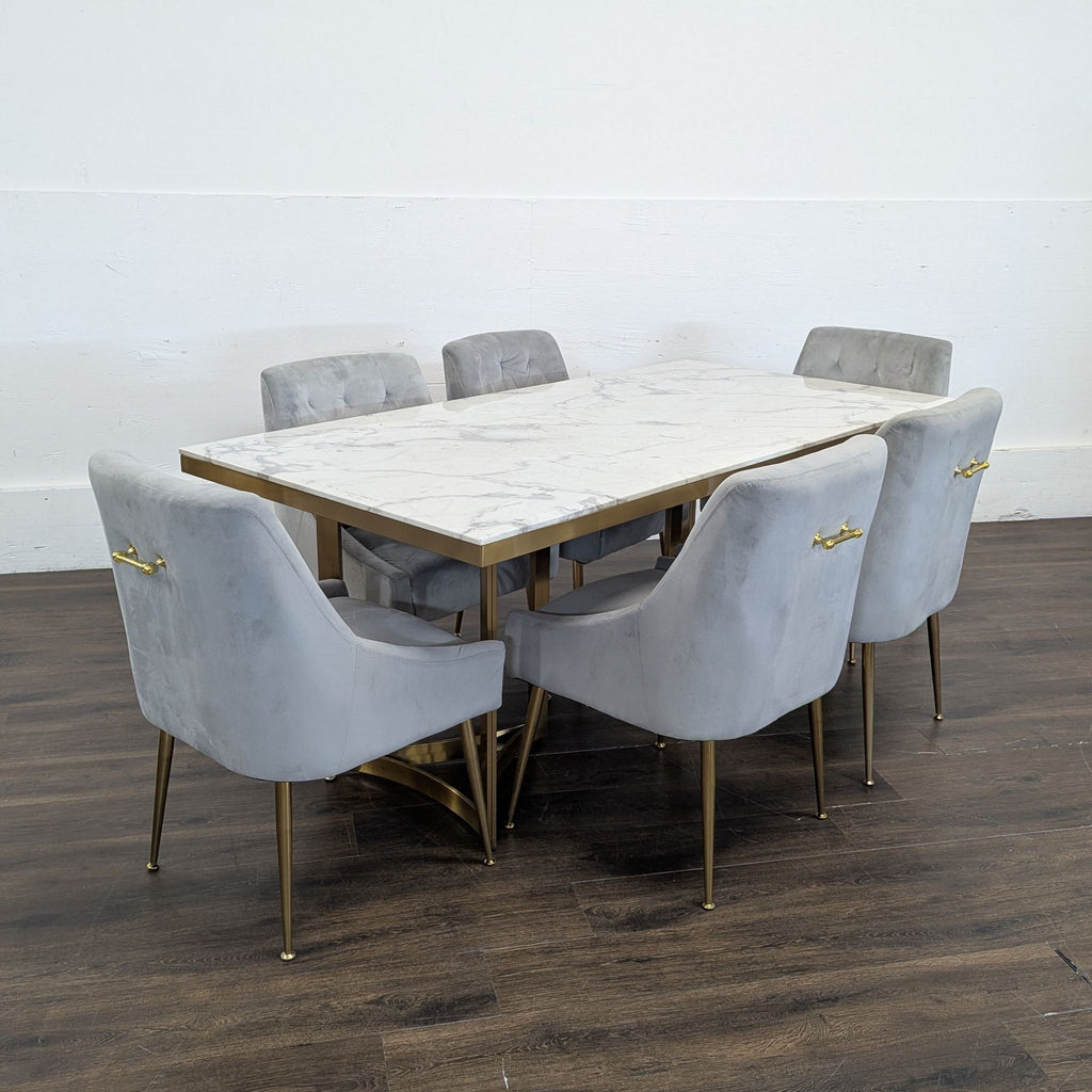 Wayfair 7-Piece Modern Dining Set with Marble-Top Table and Gray Velvet Chairs