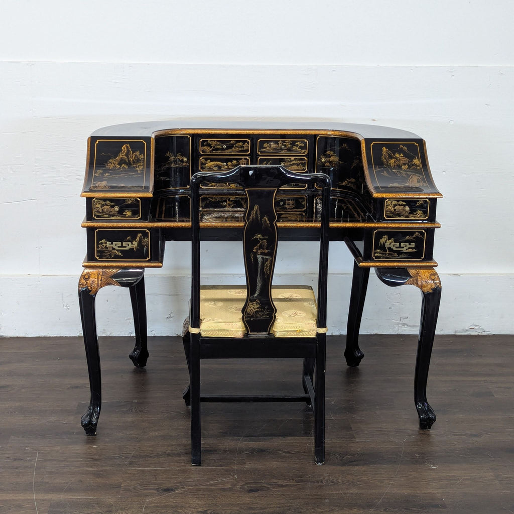 Hand-Painted Chinoiserie Desk and Chair in Black Lacquer