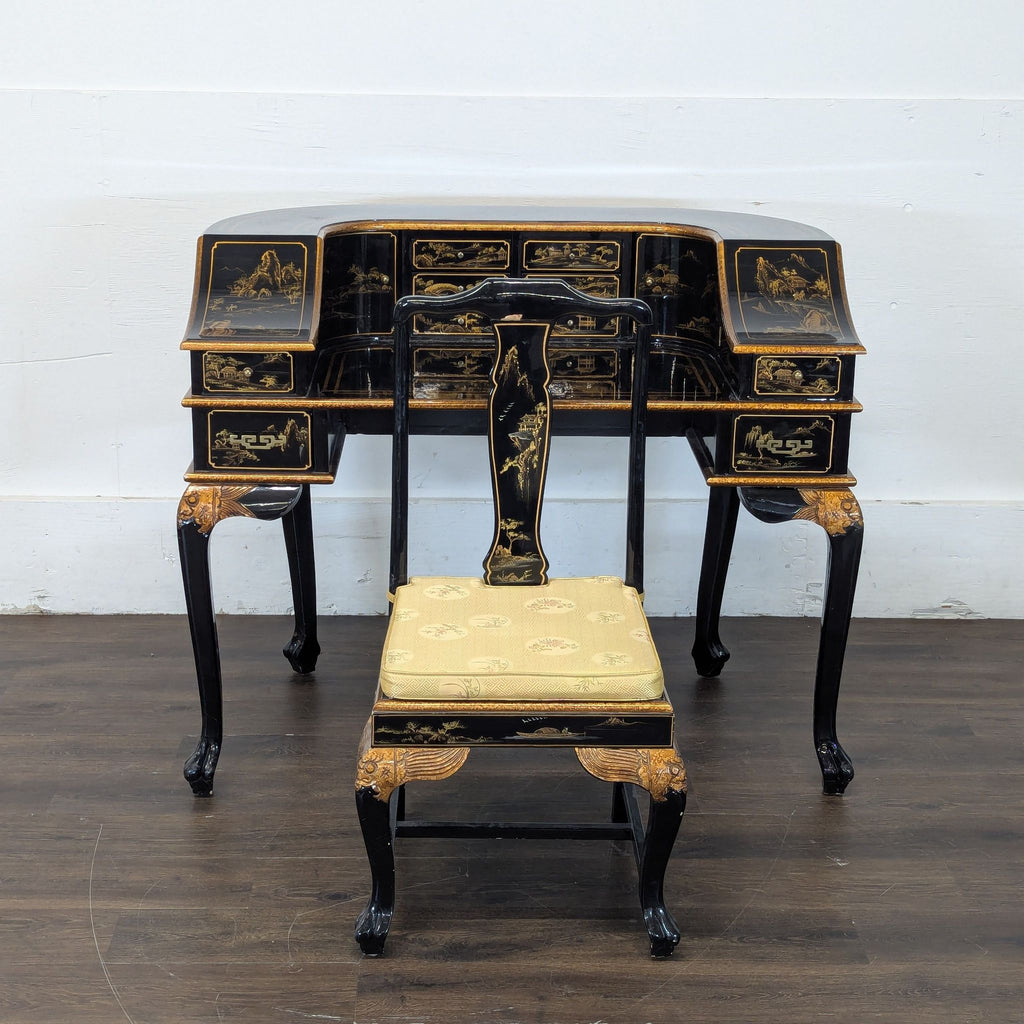 Hand-Painted Chinoiserie Desk and Chair in Black Lacquer