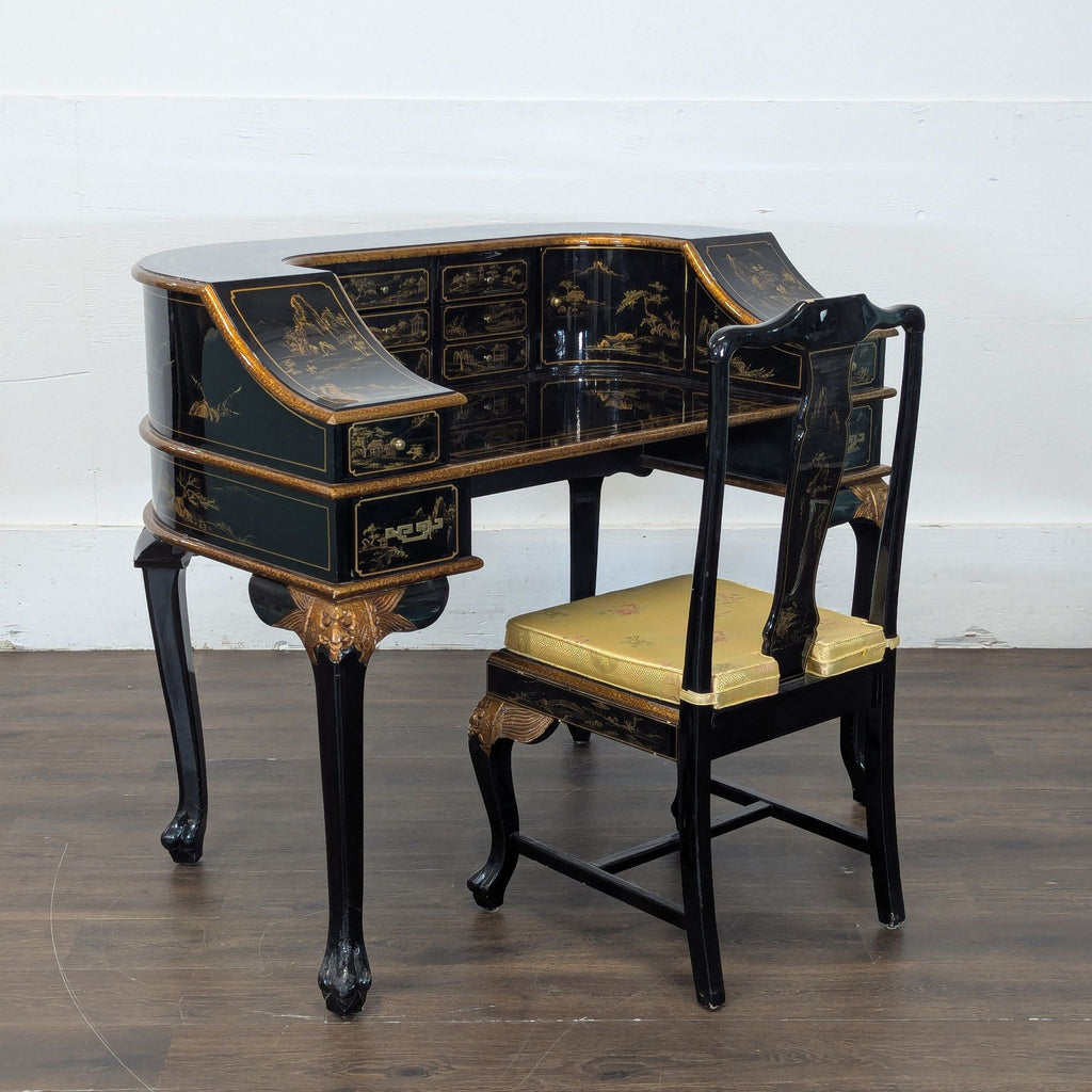 1. Elegant black lacquer desk and chair with gold detailing, Asian-inspired designs, and multiple small storage drawers.