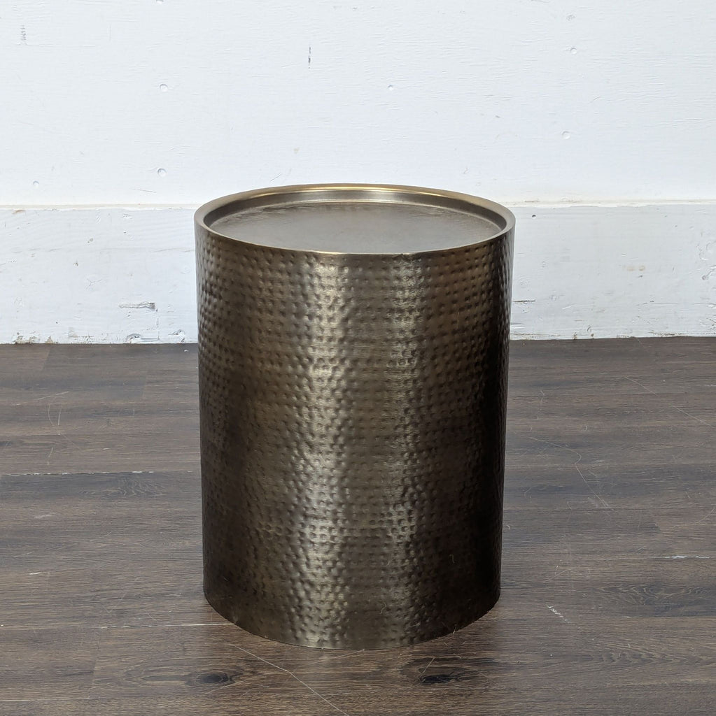 1. Modern wooden end table with a square top and minimalist design, placed next to a gray sofa.