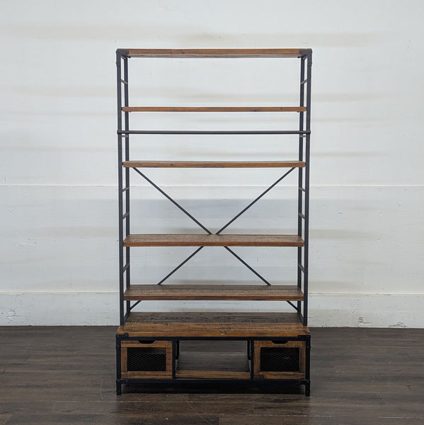Industrial-style bookshelf with five wood shelves, black metal frame, and two mesh-front drawers at bottom.