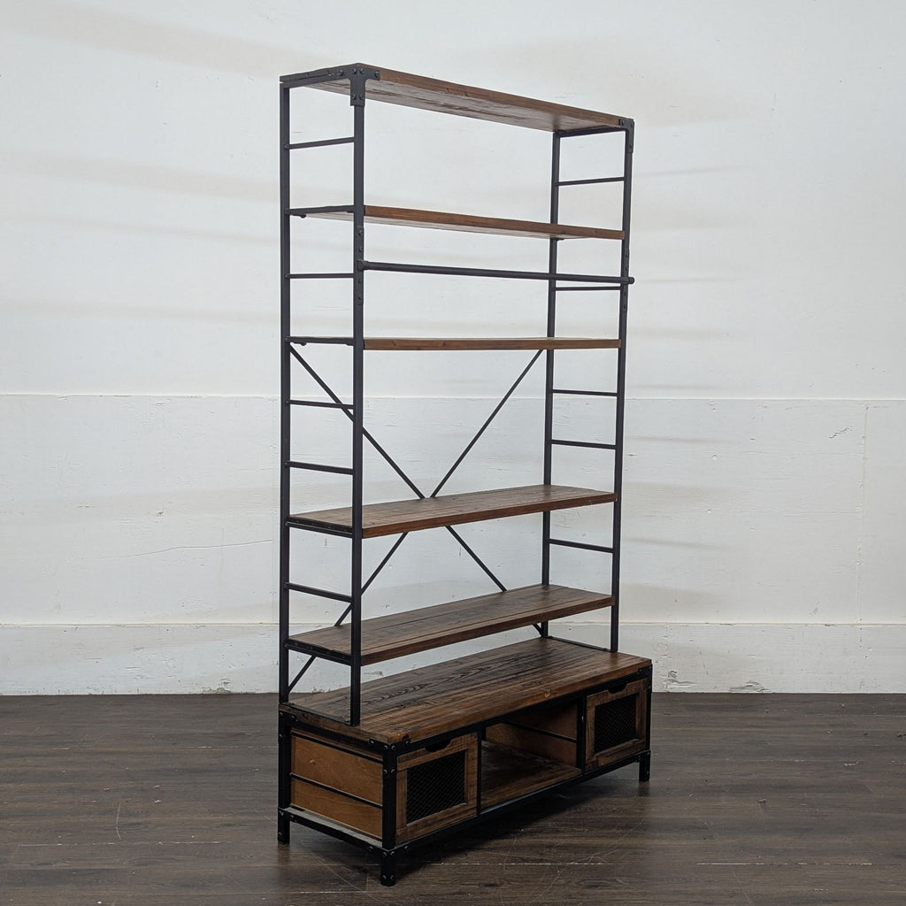 Five-shelf wooden bookshelf with a sturdy metal frame and dual mesh drawers, ideal for books and decor.
