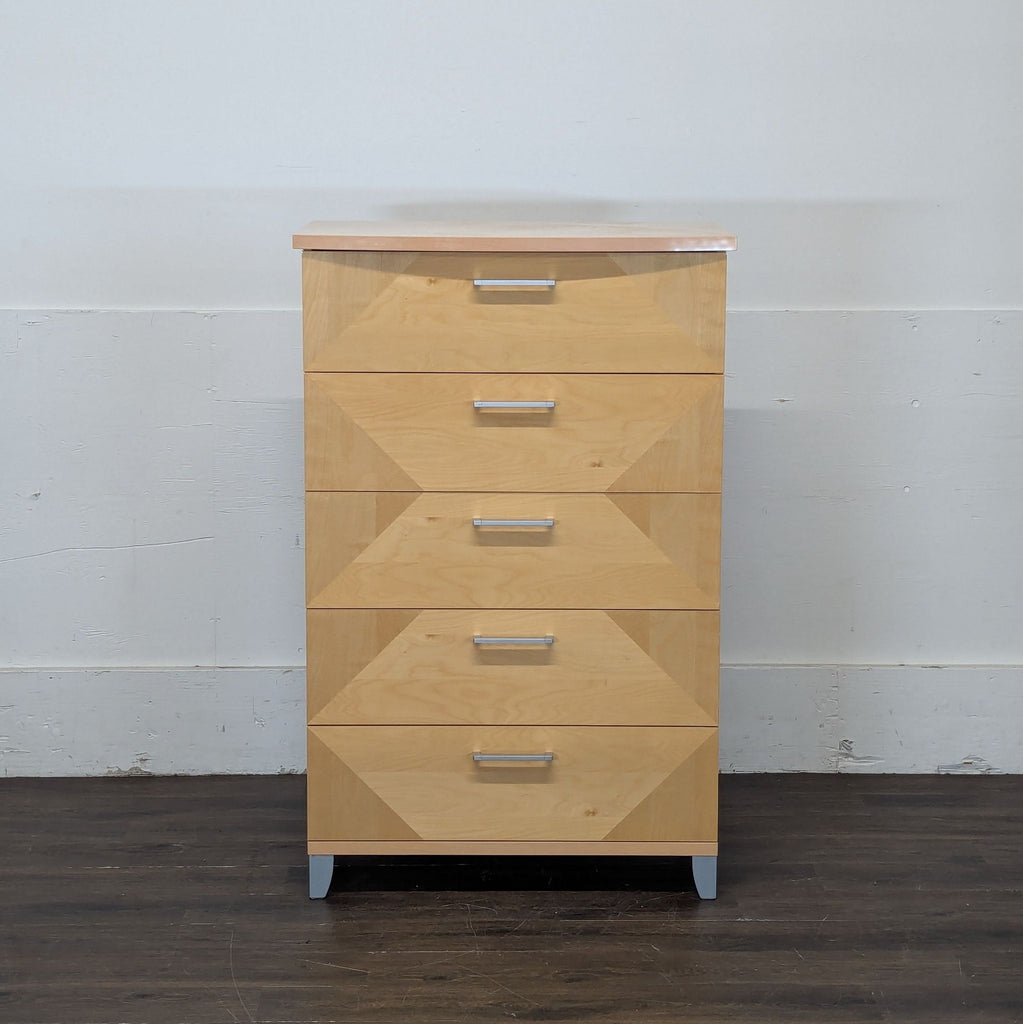 1. Modern wooden dresser with six spacious drawers and sleek metal handles.