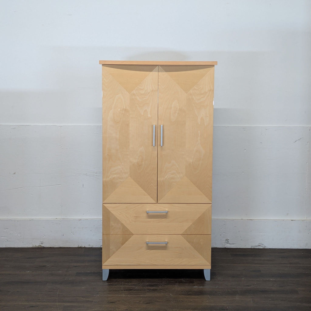 3. Sleek entertainment center featuring a large display area, minimalist design, and ample shelf space.
