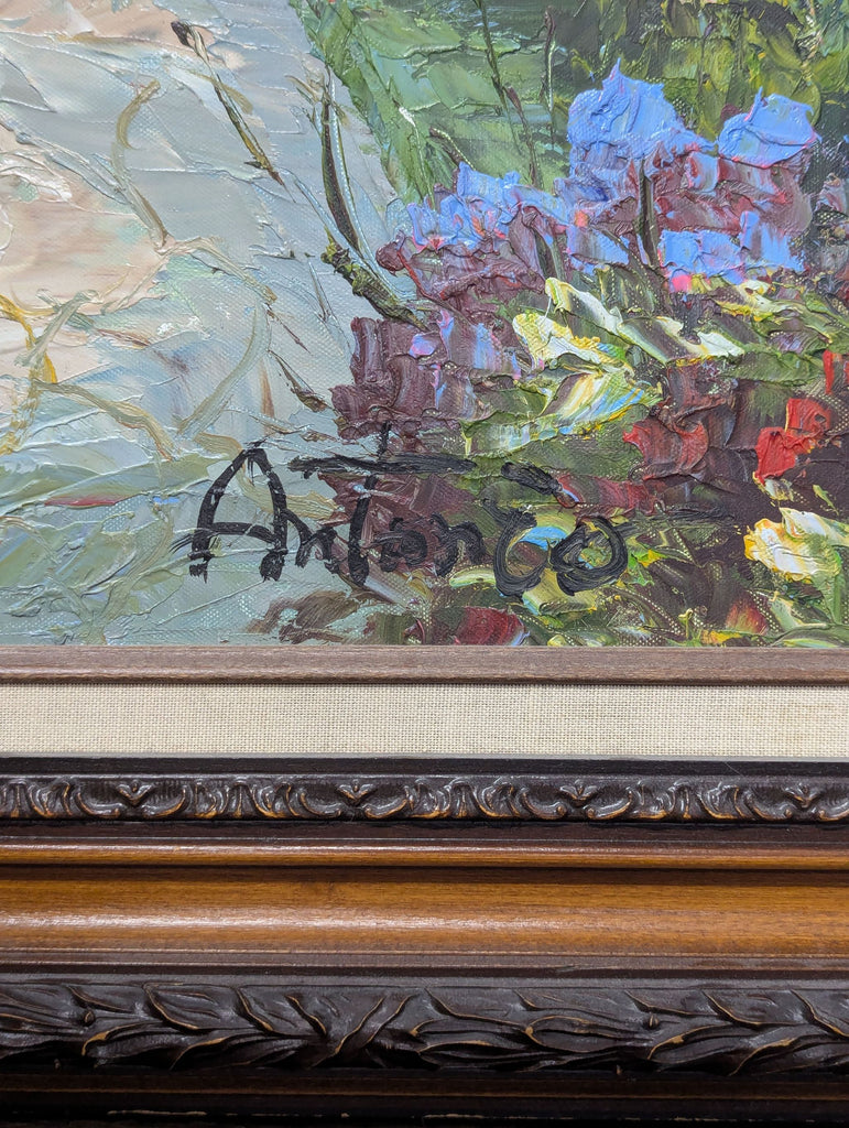 Acrylic painting, signed Antonio(?) with ornate wooden frame
