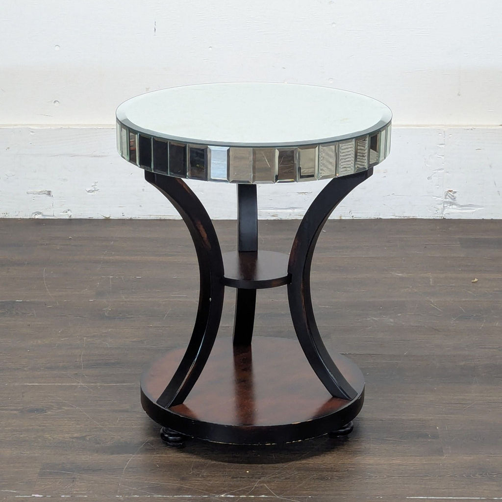 2. Elegant Z Gallerie end table featuring a mirrored tabletop, dark curved legs, and two-tone wood base.