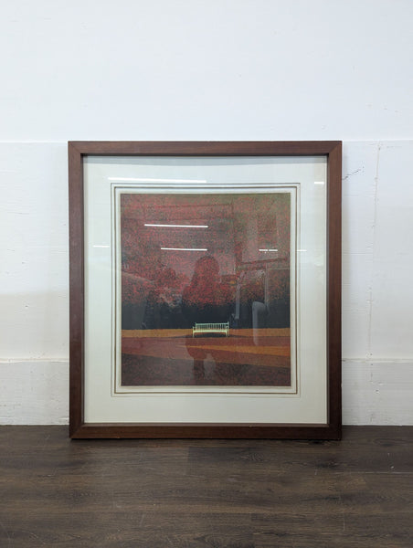 1. Framed painting with autumn colors and a white bench in the center, set against a soft, dotted background.