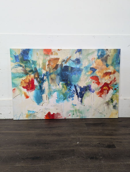 1. Abstract painting with bold splashes of blue, red, orange, and green, featuring a dynamic, textured composition.