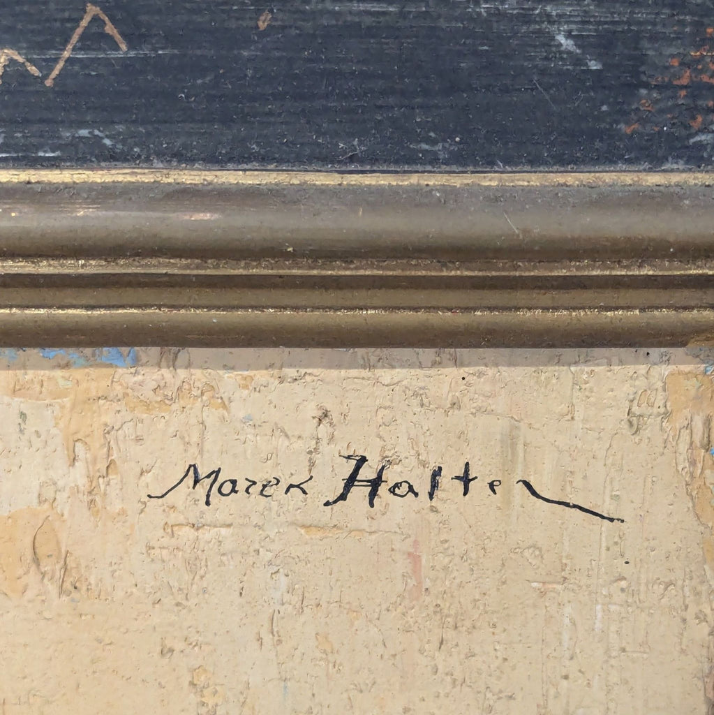 3. Closeup of a painting’s bottom corner, showing the artist’s signature "Marek Halter" on a textured surface.