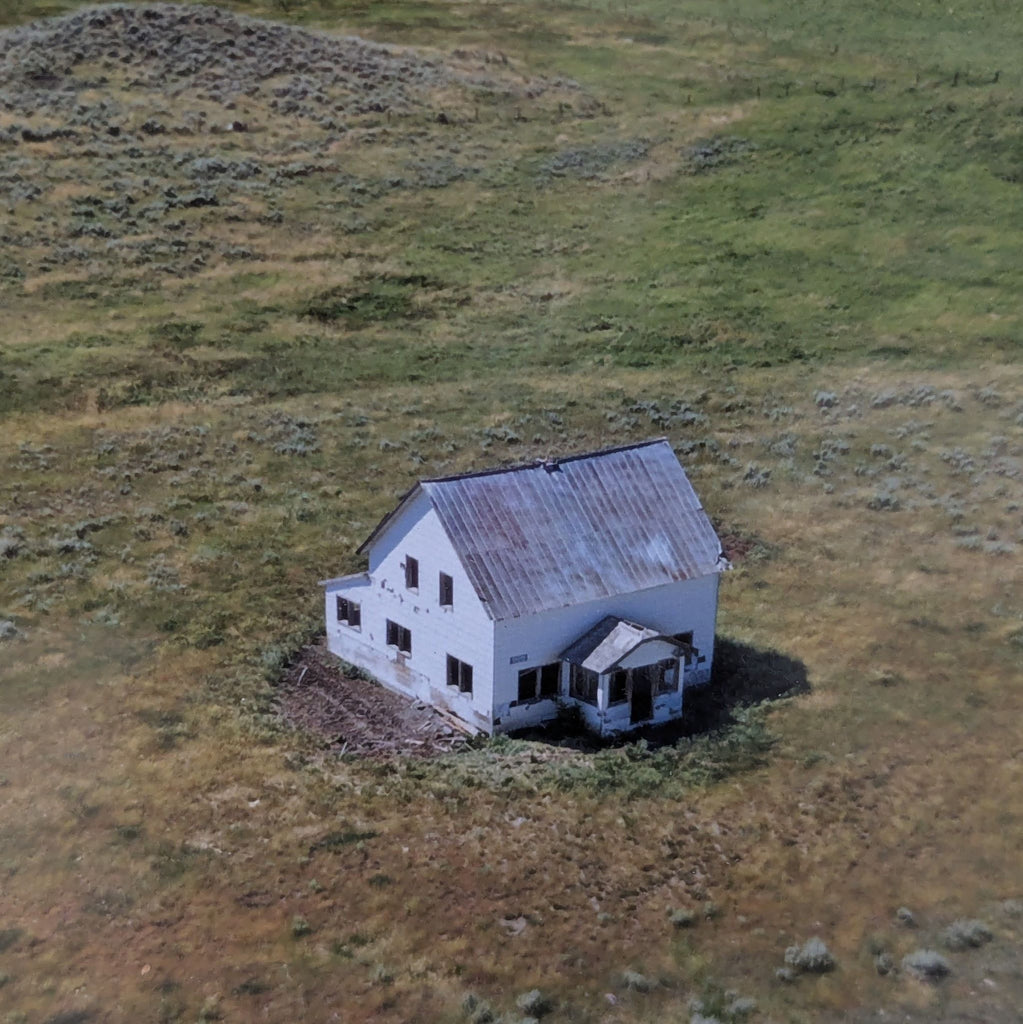3. Close-up of a dilapidated white house with a metal roof, set in an isolated grassy plain.