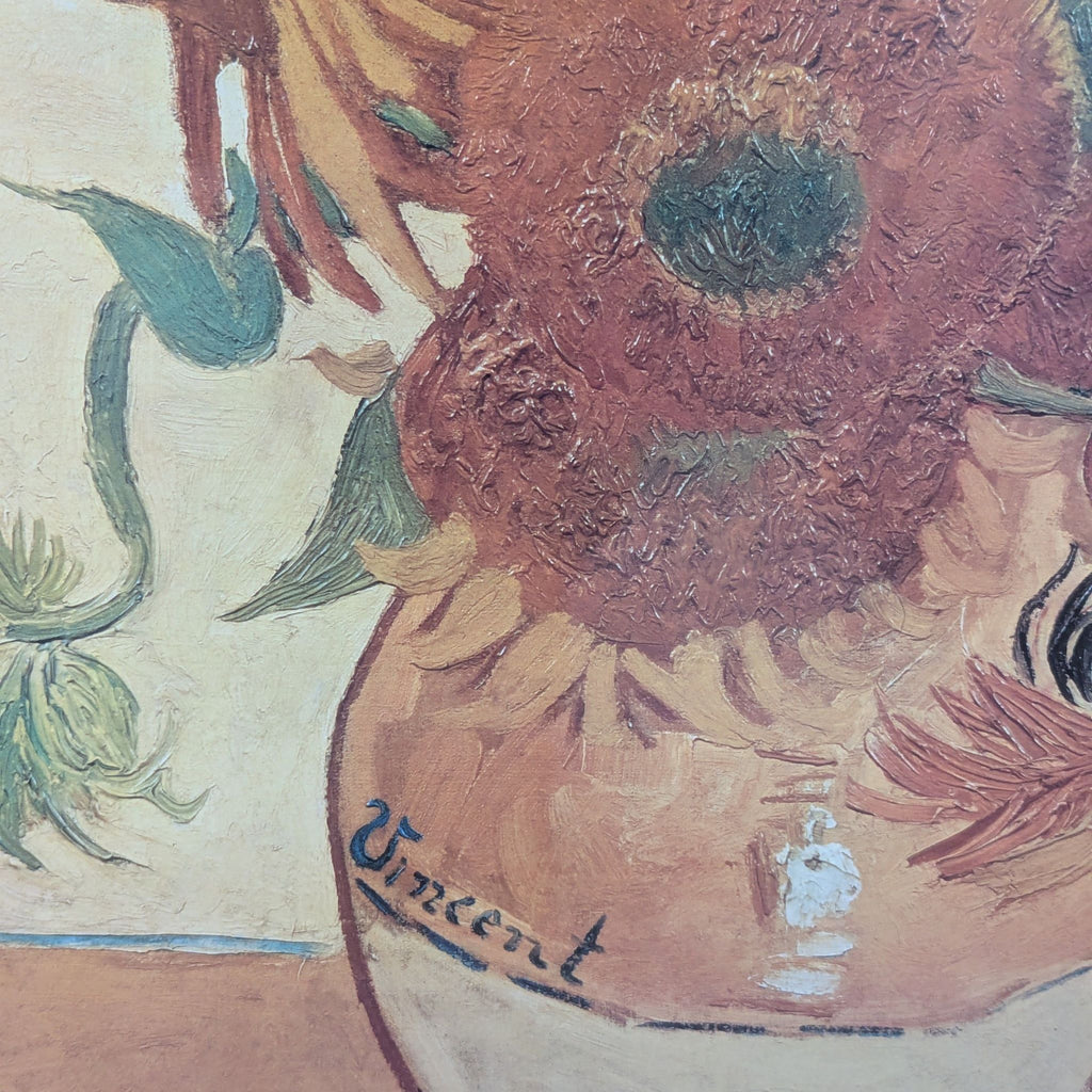 3. Close-up of Van Gogh-style sunflower print, focusing on the vase with "Vincent" signature.