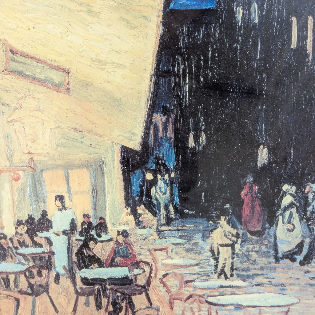 3. Close-up of a café terrace print, highlighting patrons, sidewalk tables, and detailed nighttime street scene.