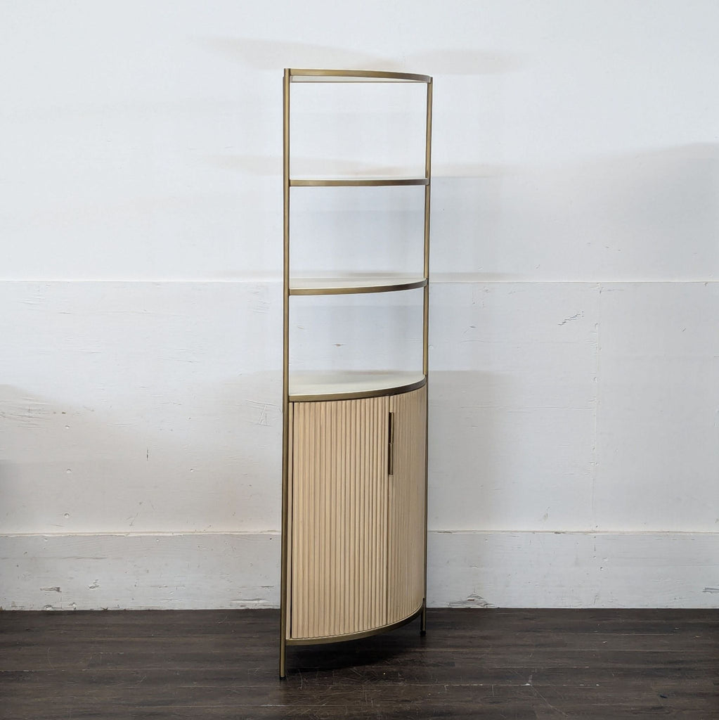 2. Modern wooden corner storage bookshelf cabinet by Crate & Barrel, offering both open and closed storage.