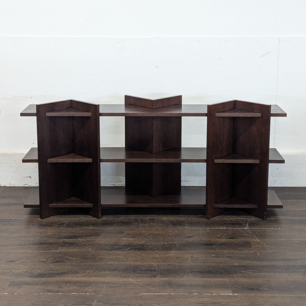 3. Elegant brown oak console table by CB2 Sommet, perfect for hallways or living rooms, shown from an angle.