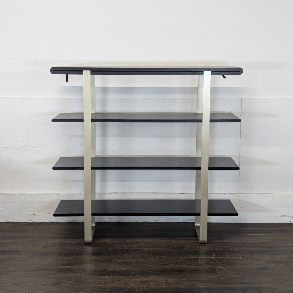 1. Modern wooden bookshelf with five shelves displaying books and decor in a living room setting.