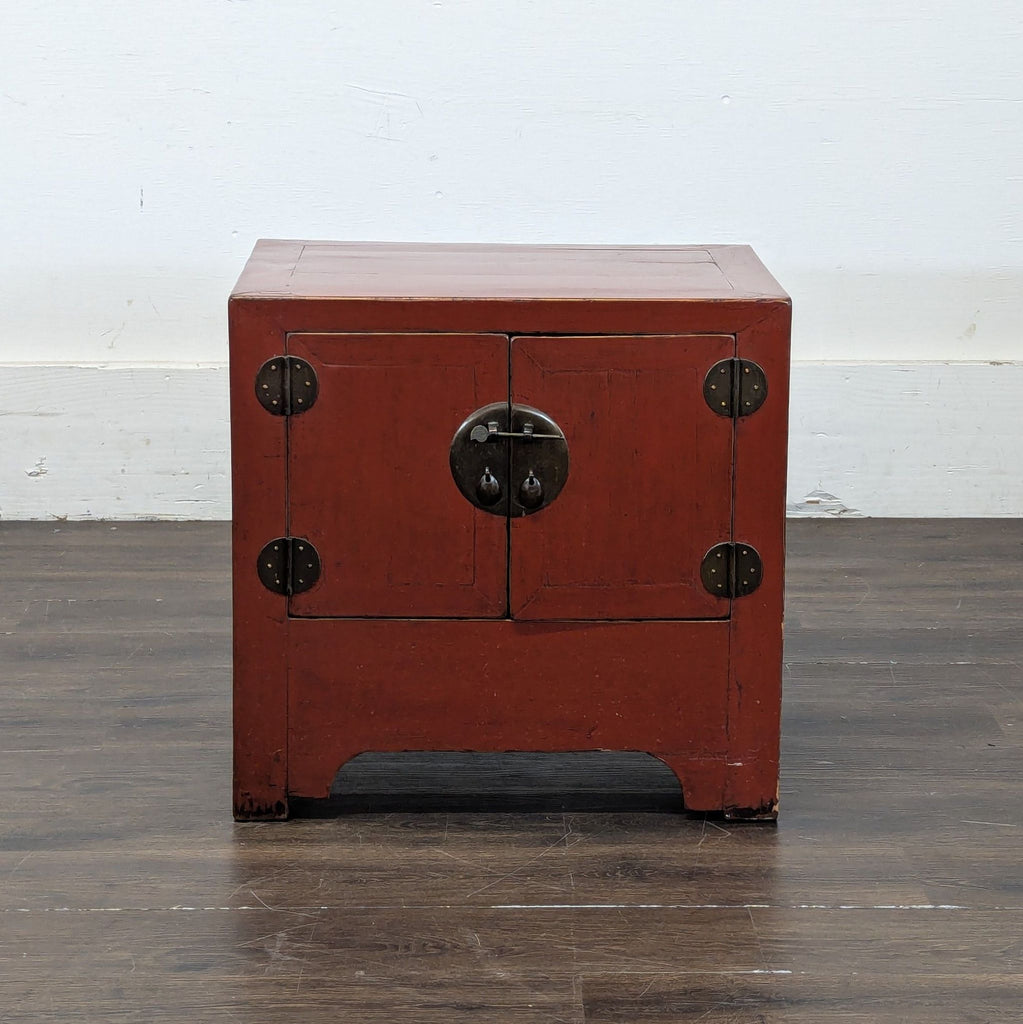 3. Modern End Table in bold red lacquer with clean lines, gold hardware, and compact design from Red lacquer nightstand-1.